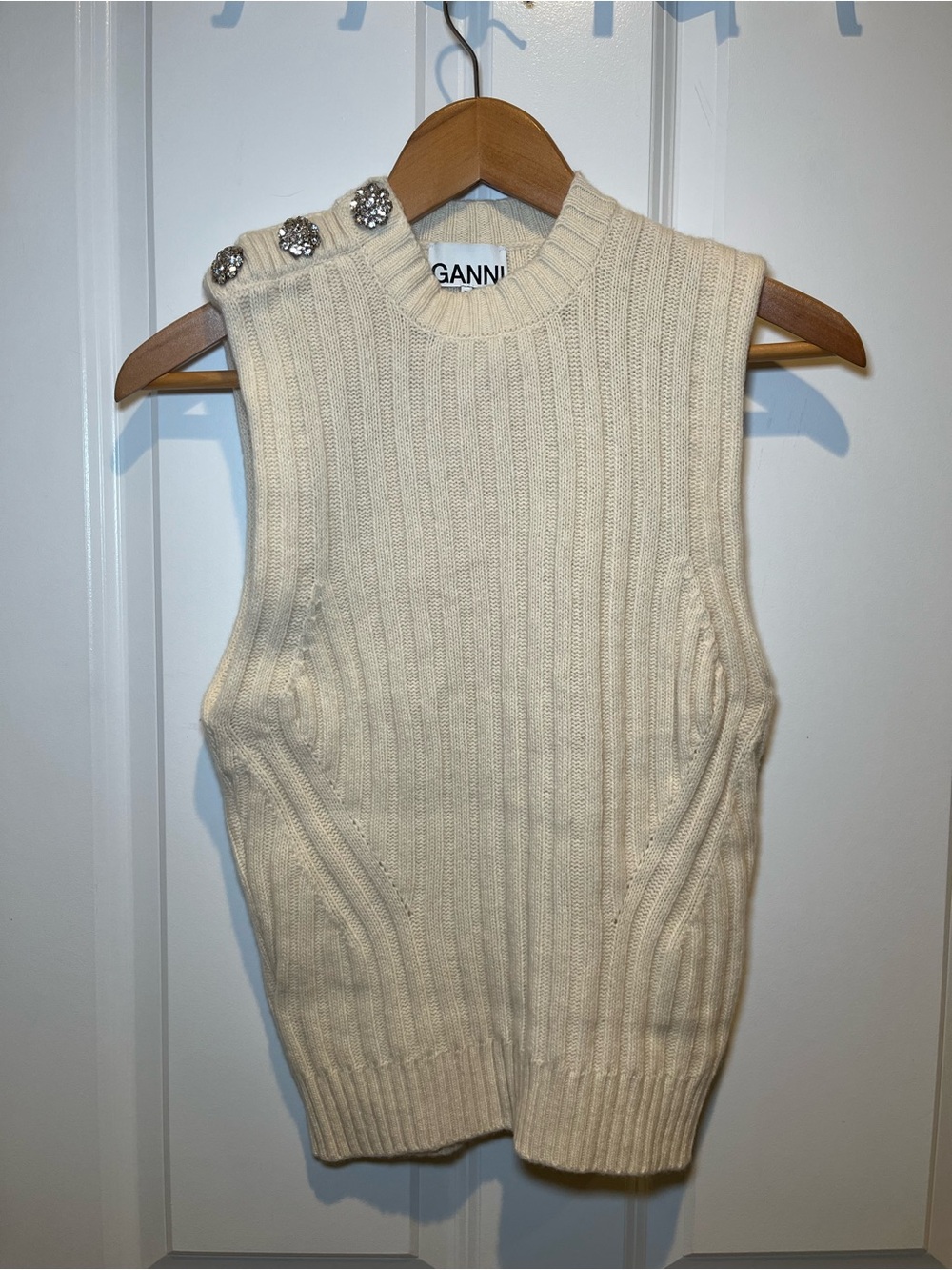 Ganni Cream Ribbed Knit Sleeveless Sweater with Jeweled Shoulder Buttons Size XS